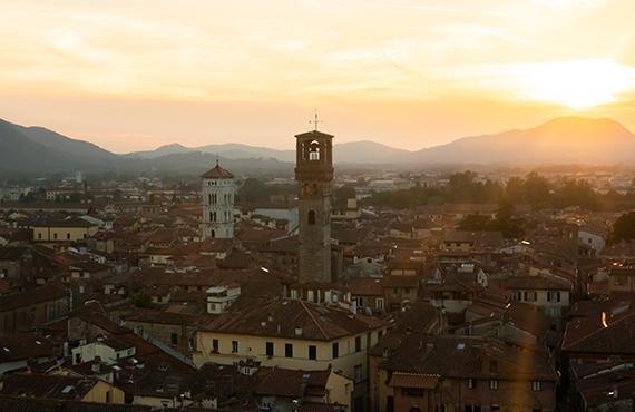 Looking out over Lucca in Italy as the sun sets.